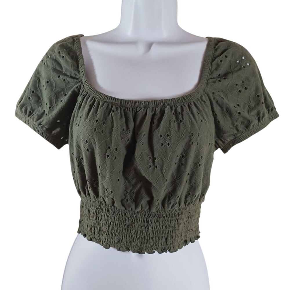 Hollister Smocked Crop Top S Eyelet Puff Sleeve Milkmaid Olive Green Cottagecore - Picture 2 of 6